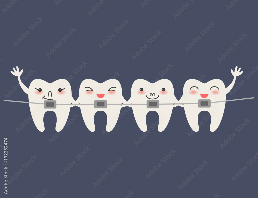 Cartoon Teeth with braces on blue background. Vector illustration Stock  Vector | Adobe Stock
