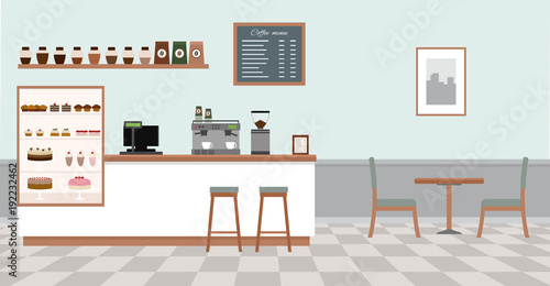 Empty cafe interior. Coffee shop with white bar counter, table and chairs.  Flat design vector illustration 
