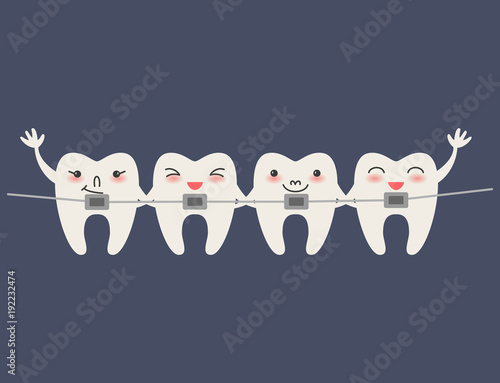 Cartoon Teeth with braces on blue background. Vector illustration