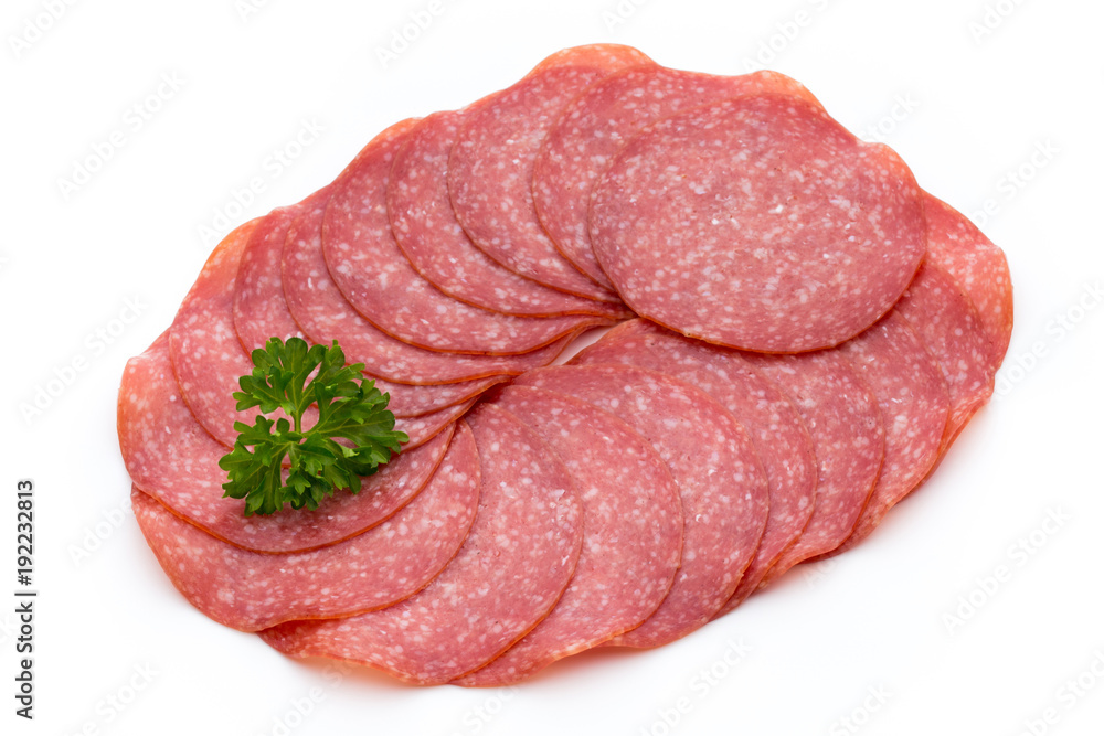 Salami slices isolated on white background. Salami slices isolated on white background.