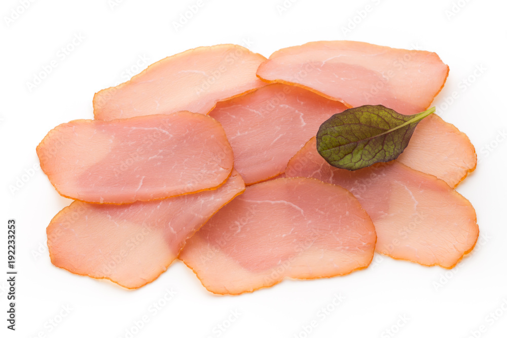 Sliced boiled ham sausage isolated on white background, top view. Sliced boiled ham sausage isolated on white background, top view.