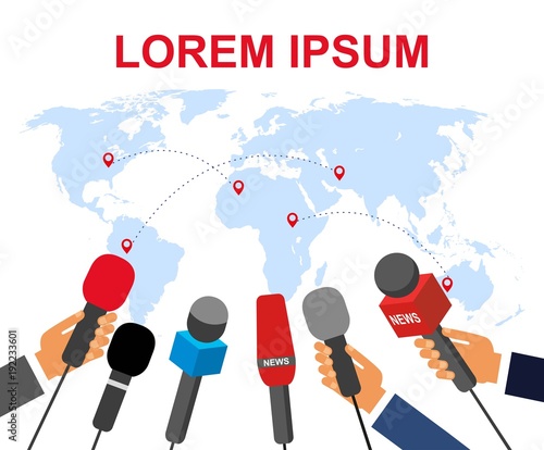 The concept of a real report. Many journalists with microphones in their hands on the background of the world map
