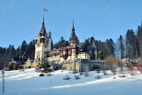 Peles Castle in winter time, located in the Carpathian Mountains, Sinaia, Romania