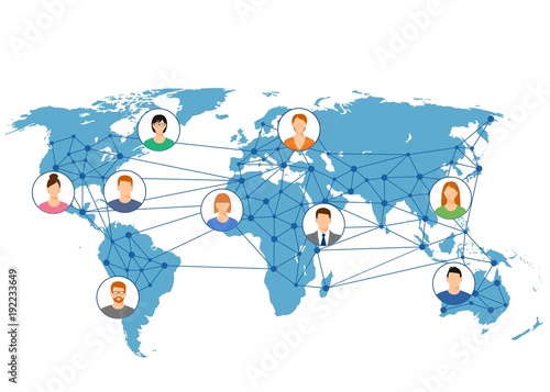 World Network. Social networks unite the world. Social network scheme on the Earth map