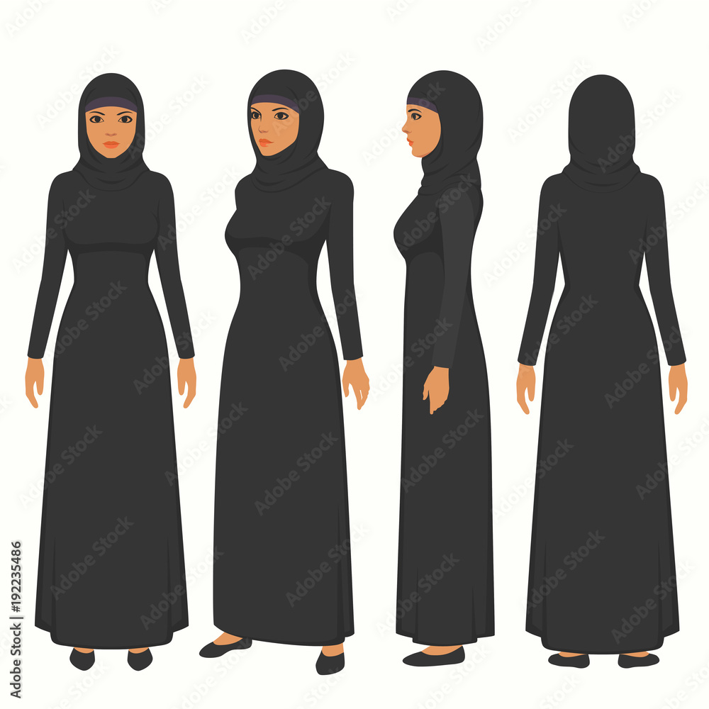 muslim woman illustration, vector arab girl character,  saudi cartoon female, front, side and back view of islamic person
