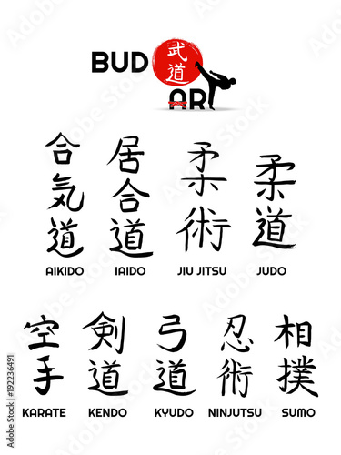 Aikido, kendo, iaido, sumo, karate, kyudo, judo, jiu jitsu, ninjutsu - vector japanese symbols and hierogliph of martial arts. Sport fight icons big set