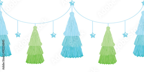 Vector Christmas Tree Blue Green Layered Decorative Tassels Set Horizontal Seamless Repeat Border Pattern. Great for handmade cards, invitations, wallpaper, packaging, nursery designs.