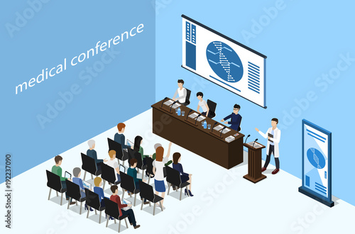 Isometric 3D vector illustration concept report at a medical conference with students