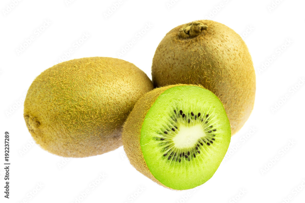 Two whole kiwi fruit and half isolated on white background Two whole kiwi fruit and half isolated on white background