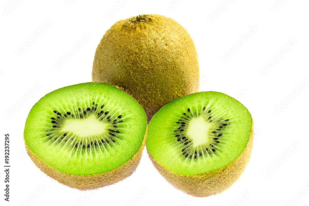 One whole kiwi fruit and two halves isolated on white background One whole kiwi fruit and two halves isolated on white background