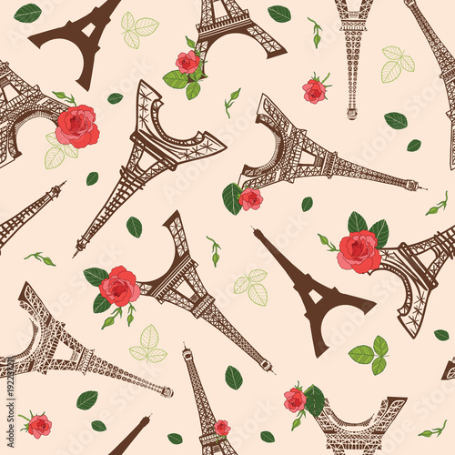 Vector Vintage Brown Eifel Tower Paris and Roses Flowers Seamless Repeat Patt...
