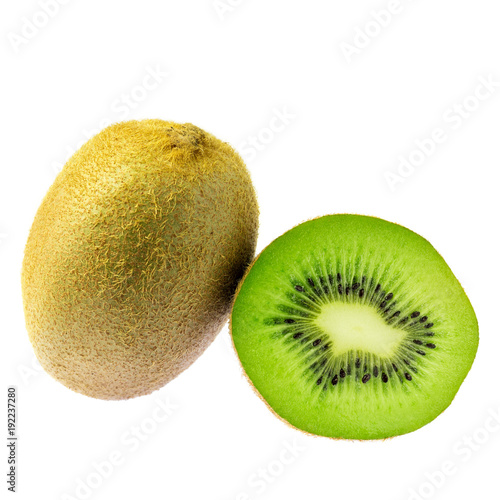 One whole kiwi fruit and slice isolated on white background