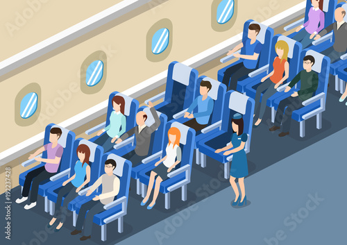 Isometric 3D vector illustration board of the aircraft from the inside with passengers and stewardess