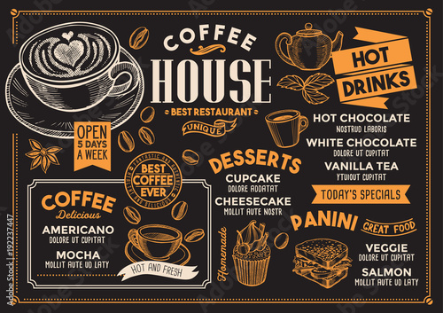 Coffee restaurant menu. Vector drink flyer for bar and cafe. Design template with vintage hand-drawn food illustrations.