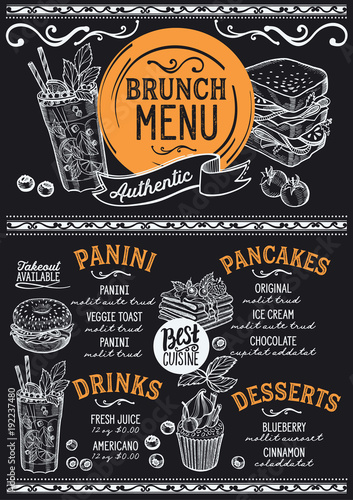 Brunch restaurant menu. Vector food flyer for bar and cafe. Design template with vintage hand-drawn illustrations.