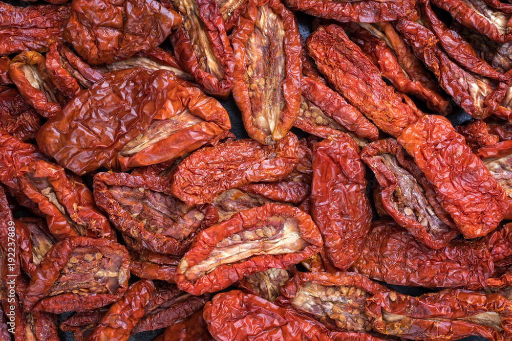 Traditional Italian antipasto dried tomatoes as close-up Traditional Italian antipasto dried tomatoes as close-up