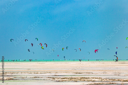 Kiteboarders in Jimbiani. Zanzibar, Tanzania.
