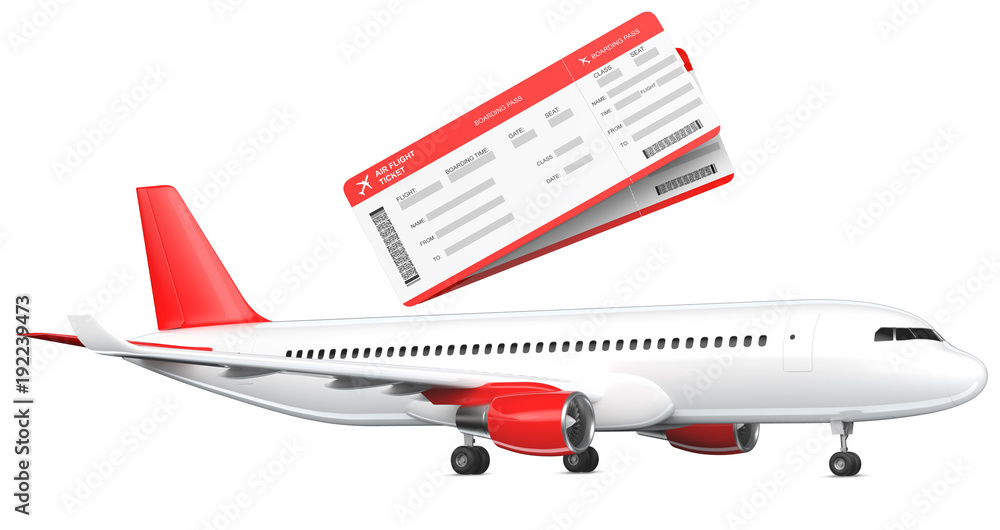 Commercial airplane, airliner with two boarding passes . Passenger plane with a red tail wing. 3D rendering isolated on white background