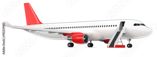 High detailed white airliner with a red tail wing, 3d render on a white background. Airplane with open boarding ladder, isolated 3d illustration. Airline Concept Travel Passenger plane. Jet commercial photo