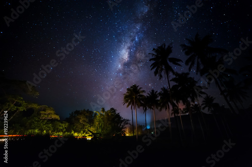 starry night sky with milky way.  image contain soft focus, blur and noise due to long expose and high iso.