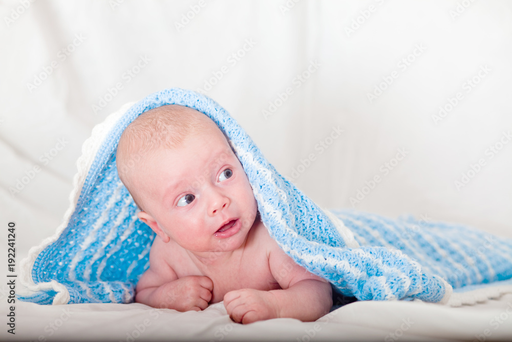 Baby, Two Month Old. Naked two-month-old baby is covered with a blue veil Baby, Two Month Old. Naked two-month-old baby is covered with a blue veil