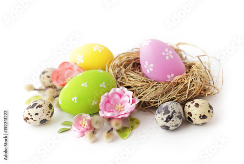 Photography easter eggs and flowers isolated on white background