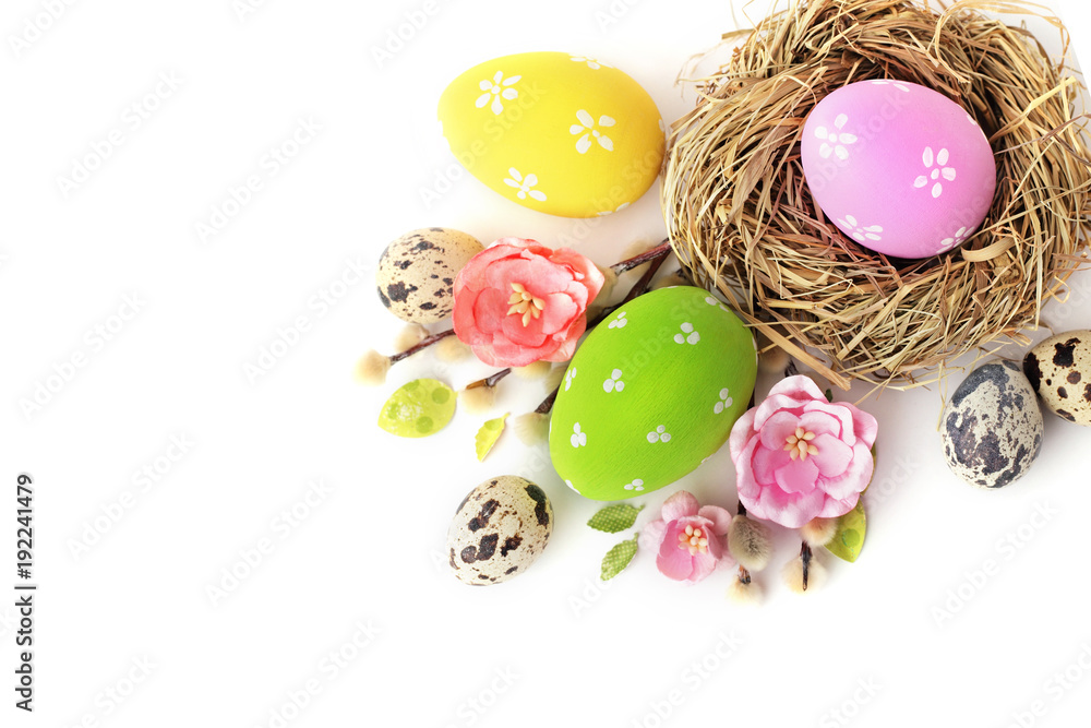 Fototapeta premium easter eggs and flowers isolated on white background