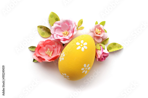 easter eggs and flowers isolated on white background