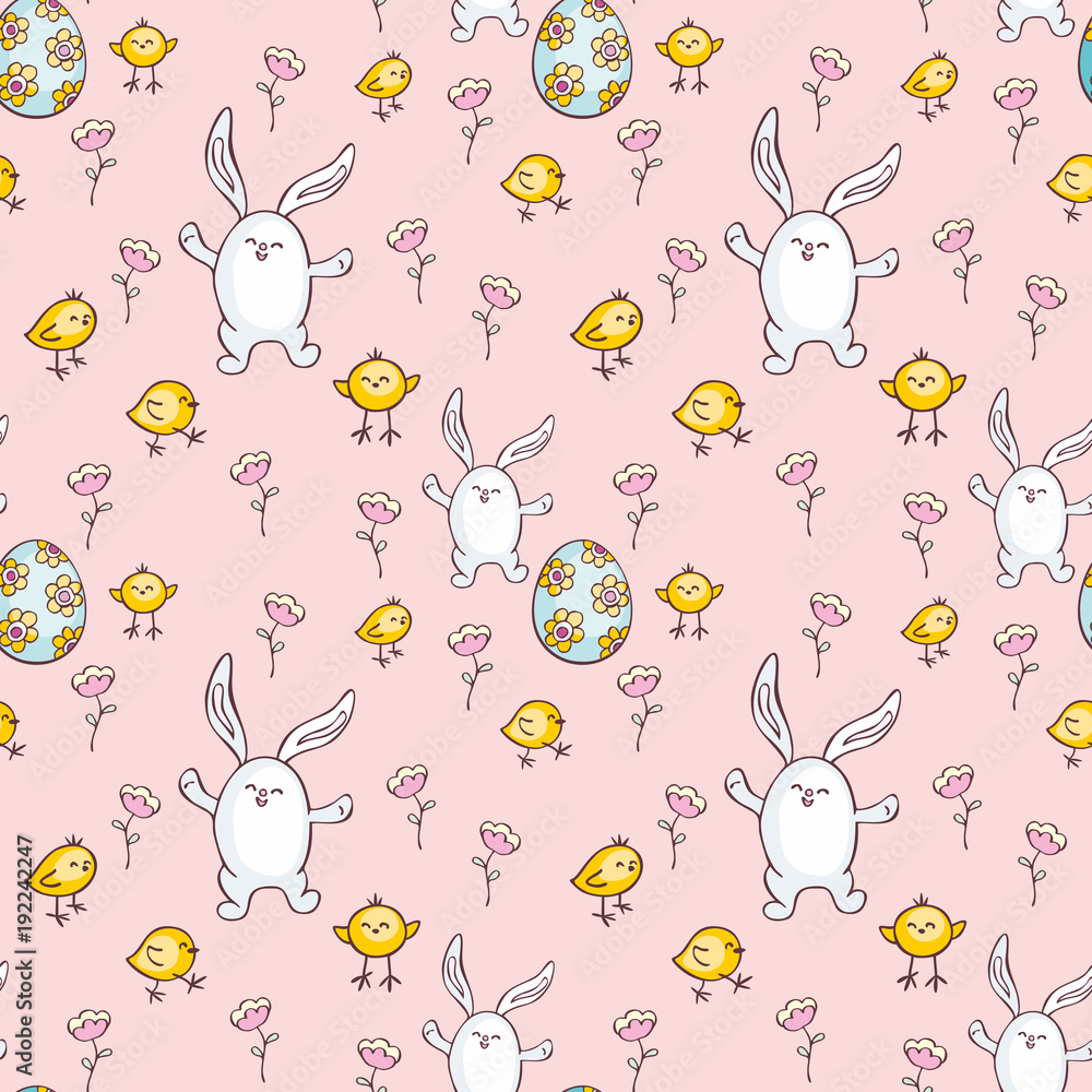 Colorful seamless pattern with the image of Easter eggs, rabbits and chickens. Vector background.