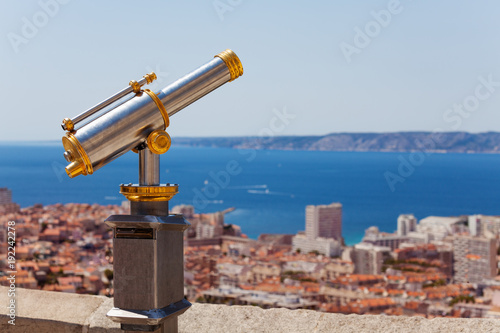 Public viewing binoculars overlooking Marseille