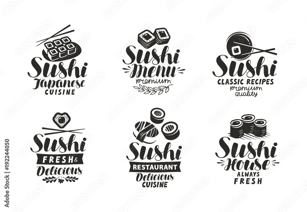 Fototapeta premium Sushi and Rolls logo or label. Japanese food set of symbols. Typographic design vector illustration
