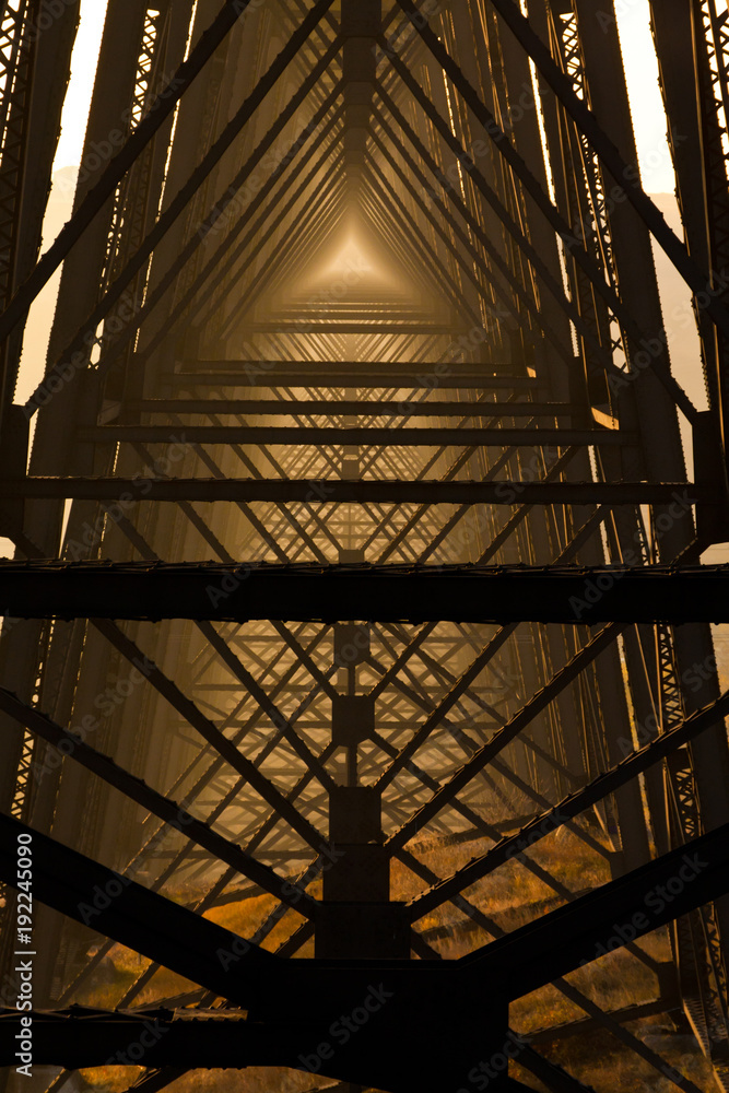 Obraz premium High level train bridge supports in a morning fog