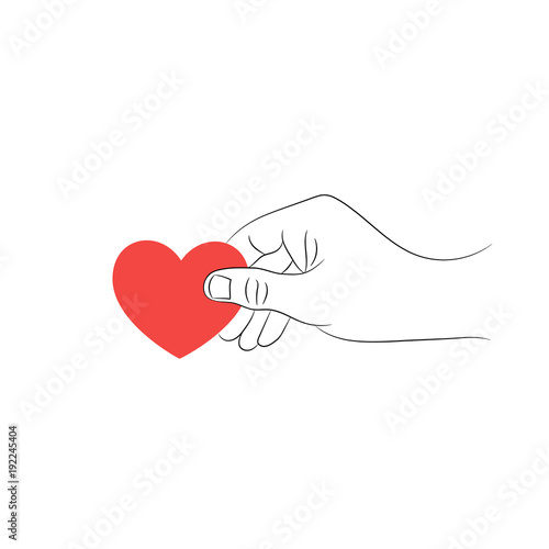 Male hand with a red heart on a white background. Vector illustration .