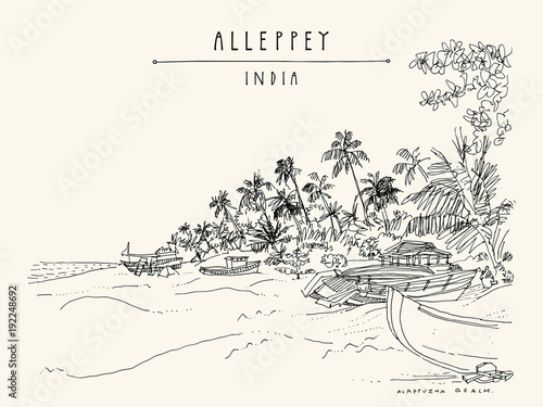 Alleppey Beach, Alappuzha, Kerala, South India. Retro travel drawing of a pristine beach, palm trees and boats. Tropical paradise landscape sketch. Vintage touristic postcard. Vector illustration