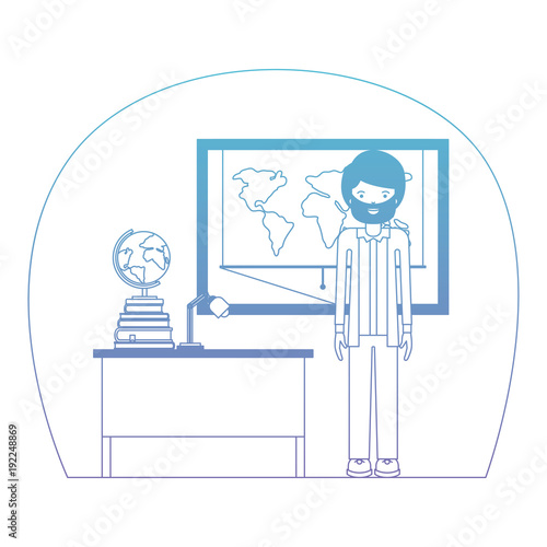 male teacher in geography class with pile books vector illustration design