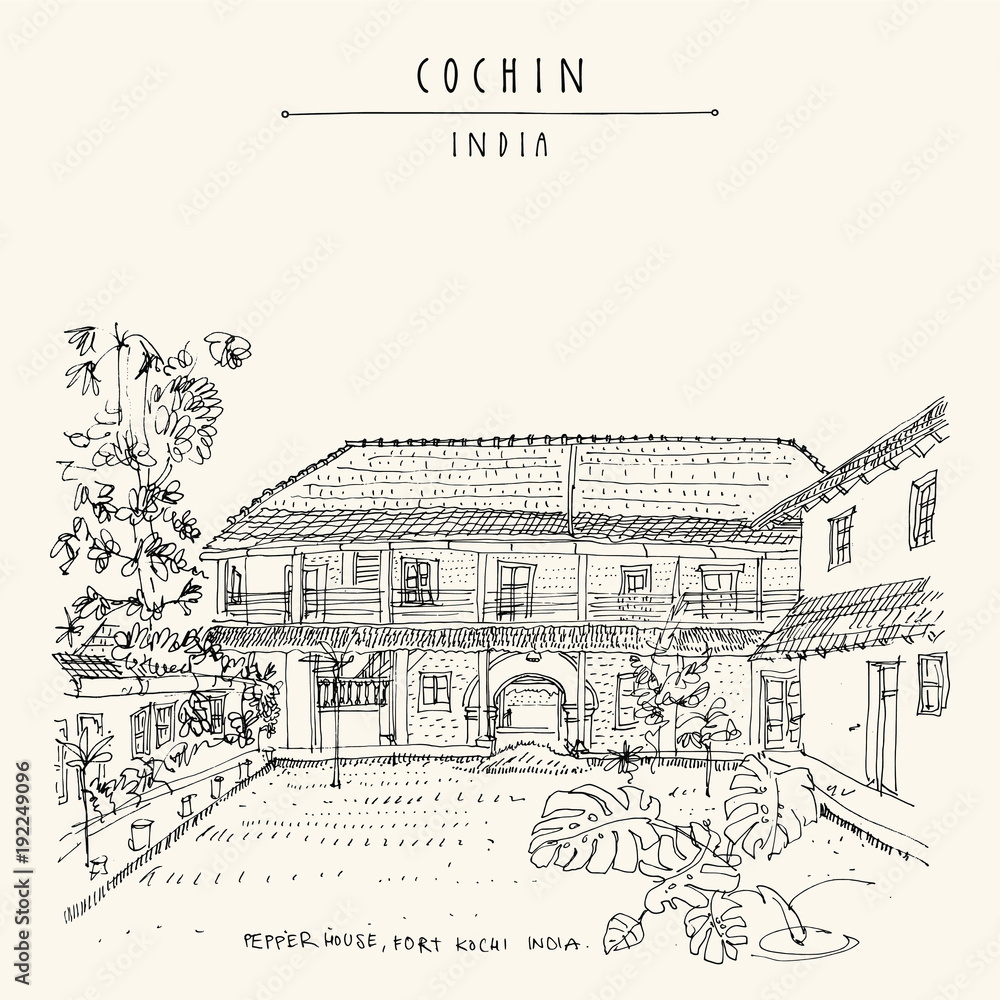 Cochin (Kochi), Kerala, South India. Old house. Heritage colonial building. Famous historical landmark. Vector hand drawn travel postcard