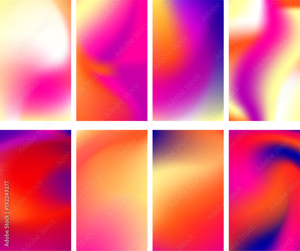 Fluid iridescent multicolored backgrounds. Vector illustration of fluids. Background set with holographic neon effect. Phone screen saver set.