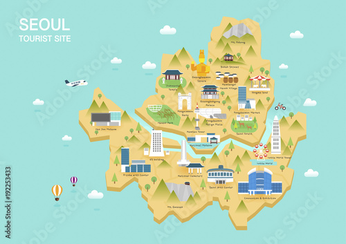 Illustration of vector flat design postcard with famous Korea landmarks icons on the map