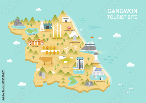 Illustration of vector flat design postcard with famous Korea landmarks icons on the map