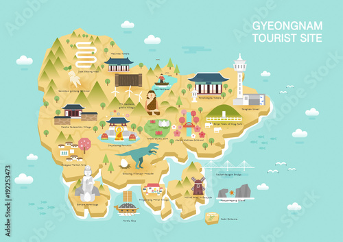 Illustration of vector flat design postcard with famous Korea landmarks icons on the map