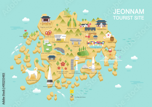 Illustration of vector flat design postcard with famous Korea landmarks icons on the map
