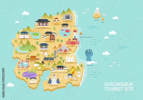 Illustration of vector flat design postcard with famous Korea landmarks icons on the map