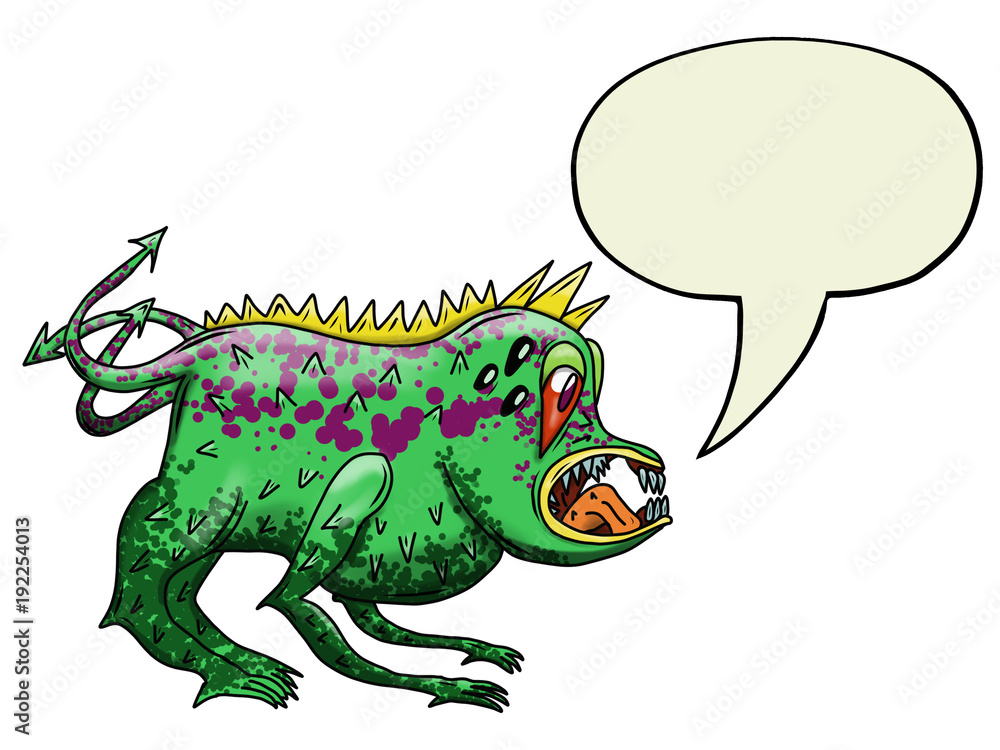 Crazy strange space alien or monster with speech bubble. Original colored illustration Crazy strange space alien or monster with speech bubble. Original colored illustration