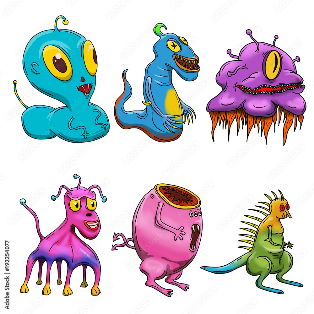 Naklejka premium Crazy strange space alien or monster set of 6. Original colored illustrations