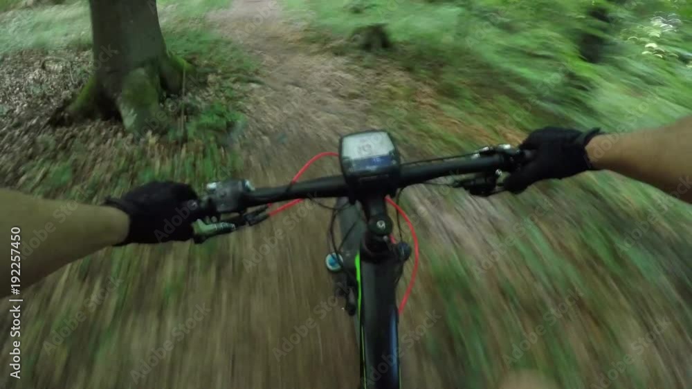 POV: Extreme biker riding e-bike downhill trough lush forest. FPV view of unrecognizable biker riding electric bike along the narrow forest trail. Cross country cycling in beautiful green outdoors.
