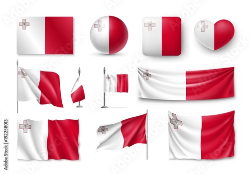 Set Malta flags, banners, banners, symbols, flat icon. Vector illustration of collection of national symbols on various objects and state signs