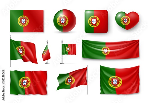 Set Portugal flags, banners, banners, symbols, flat icon. Vector illustration of collection of national symbols on various objects and state signs