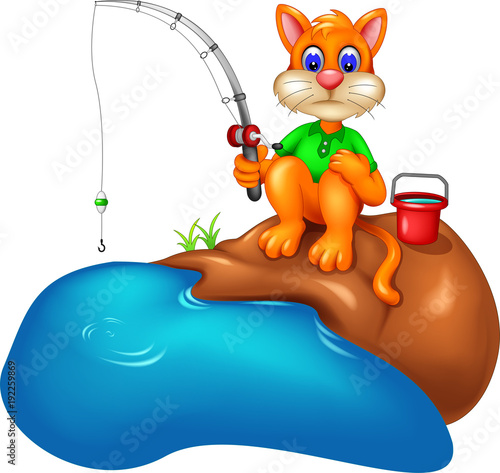 funny cat cartoon fishing with smile