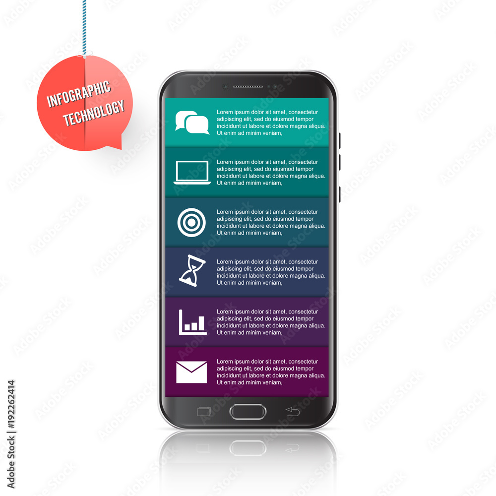 Vector mobile phone for infographic. Template for diagram, graph, presentation and chart. Business concept with 6 options, parts, steps or processes. Abstract background. Vector mobile phone for infographic. Template for diagram, graph, presentation and chart. Business concept with 6 options, parts, steps or processes. Abstract background.