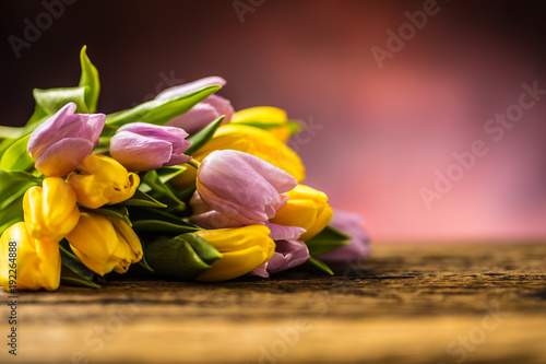 Tulips. Bouquet of Spring tulips yellow and pink on wooden table